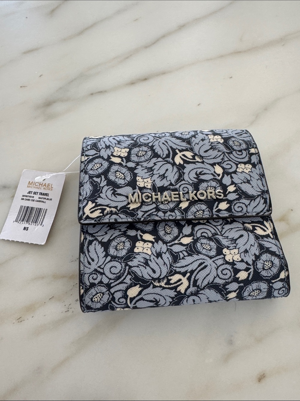 Michael Kors Floral Card Holder Wallet - Blue and Cream